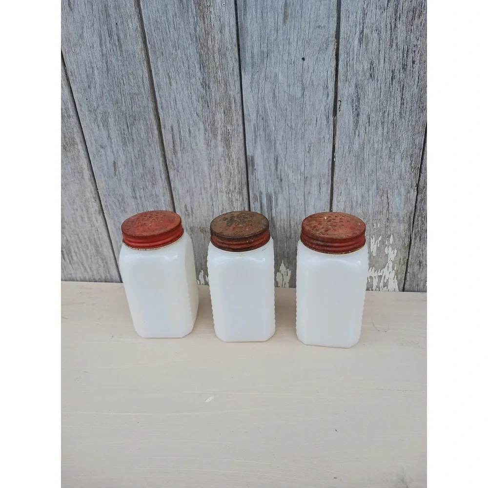 Vintage Milk‎ Glass Spice Shakers Set of 3 White Red Lids Farmhouse